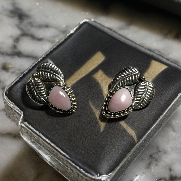 Sterling Silver Leaf & Pink Opal Post Earrings - Picture 6 of 12